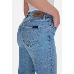 CALVIN KLEIN High Rise Straight Leg Jeans Sz 14 Blue Denim *FLAW* Ankle Crop NWT